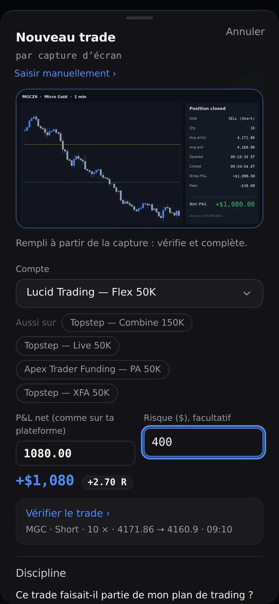 Ajoute un trade par capture d’écran