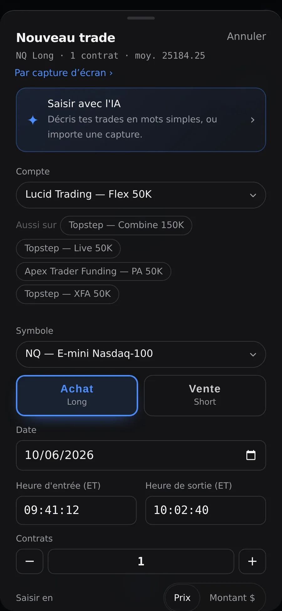 Ticket de nouveau trade avec risque en direct et budget de risque