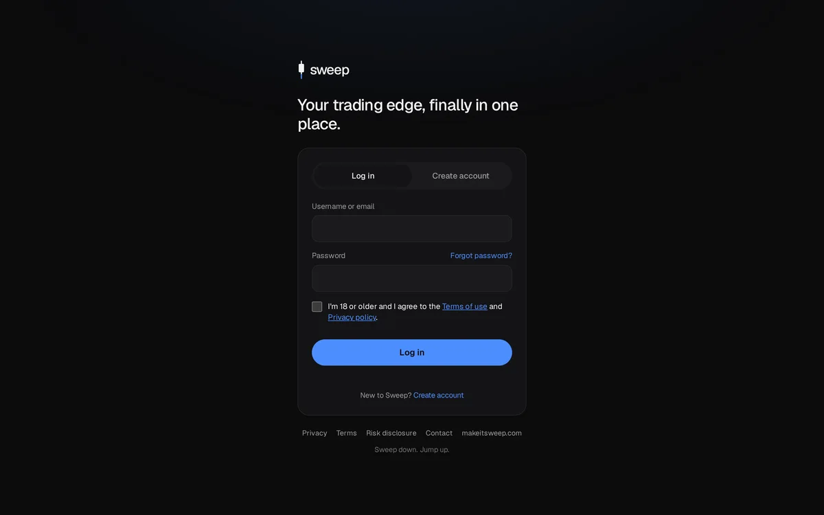 Sweep log-in screen