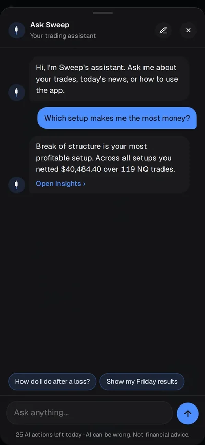 Sweep AI turning a sentence into a draft trade