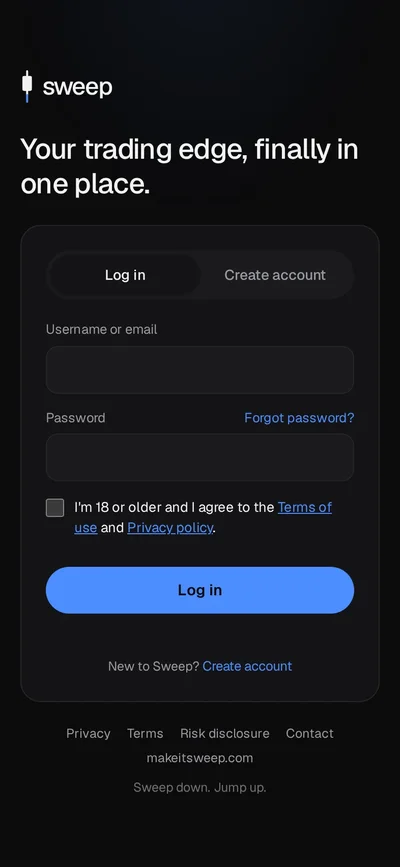 Sweep log-in screen