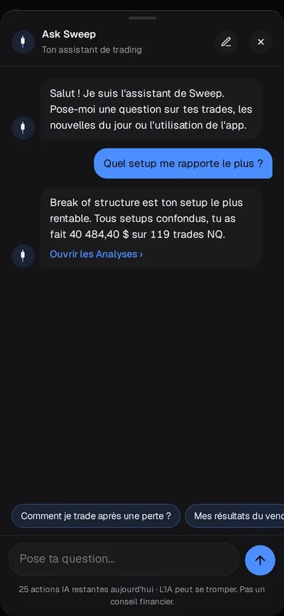 Sweep AI transforme une phrase en brouillon de trade
