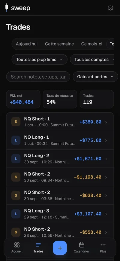 Liste des trades sur téléphone